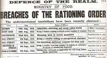 A document says "DEFENCE OF THE REALM", "MINISTRY OF FOOD", "BREACHES OF THE RATIONING ORDER", "The undermentioned convictions have been recently obtained", and a list of various offences committed and the punishments handed out.