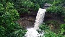 Minnehaha Falls surrounded by dark green summer foliage