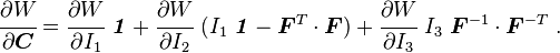 
   \cfrac{\partial W}{\partial \boldsymbol{C}} = 
     \cfrac{\partial W}{\partial I_1}~\boldsymbol{\mathit{1}} +
     \cfrac{\partial W}{\partial I_2}~(I_1~\boldsymbol{\mathit{1}} - \boldsymbol{F}^T\cdot\boldsymbol{F}) +
     \cfrac{\partial W}{\partial I_3}~I_3~\boldsymbol{F}^{-1}\cdot\boldsymbol{F}^{-T} ~.
 