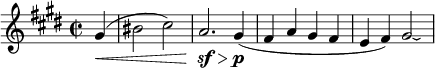 
\relative g' {\key cis \minor \time 2/2 \partial 4 gis(\< | bis2 cis) | a2.\sf\> gis4\p( | fis a gis fis | e fis) gis2\laissezVibrer | }
