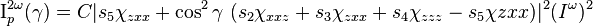 \mathrm I_p^{2 \omega}(\gamma)=C |s_5\chi_{zxx}+\cos^2{ \gamma}\ {(s_2\chi_{xxz} +s_3\chi_{zxx}+s_4\chi_{zzz}-s_5\chi{zxx})}|^2(I^{\omega})^2