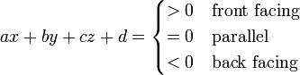 ax+by+cz+d = \begin{cases} > 0 & \text{front facing} \\ = 0 & \text{parallel} \\ < 0 & \text{back facing} \end{cases} 