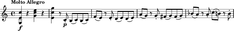 
\relative c'' {
  \key c \major
  \tempo "Molto Allegro"
  <c e, g,>\f r <e c g> r <g c, e,> r8 c,,-.\p b (c) b (c) f (e) r e-. d (e) d (e) a (g) r g-. fis (g) fis (g) bes (a) r a-. c (b) r b-.
}
