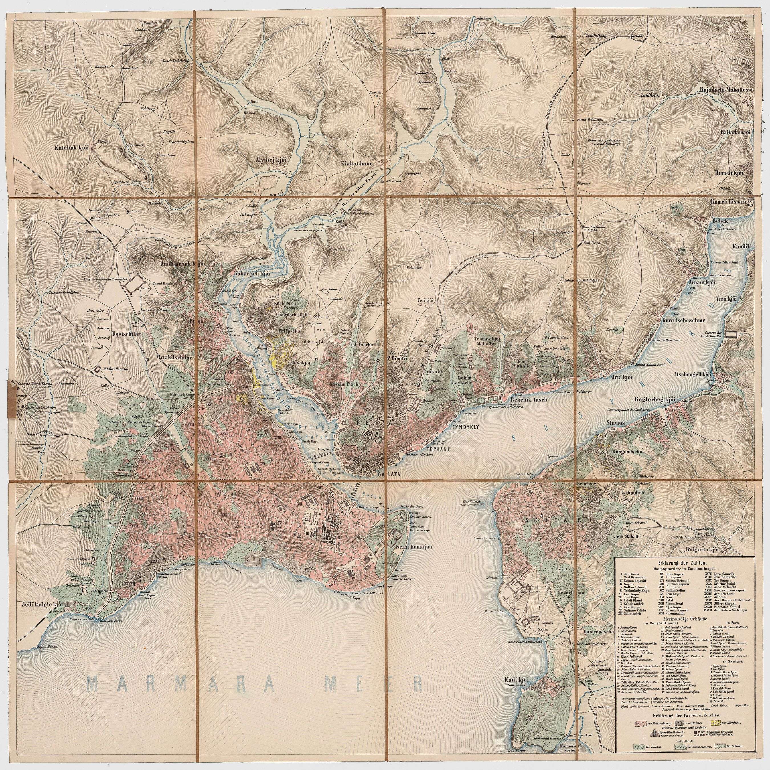 Under the Ottomans, Scutari was a large neighborhood with many cemetaries, across the water from Constantinople (map produced by Joseph von Scheda between 1860-70)