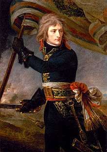 Painting of a young general holding a flag in one hand and a sword in the other