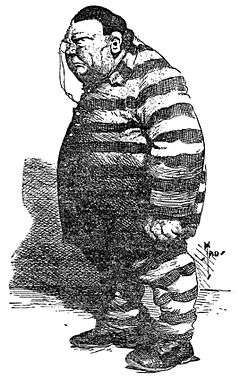 Caricature of a big, heavyset man in a striped convict suit