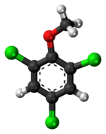 Ball-and-stick model of the 2,4,6-trichloroanisole molecule