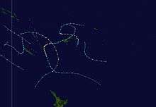 A map of the South Pacific Ocean depicting the tracks of 7 tropical cyclones.