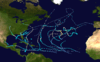 A map of the Atlantic Ocean depicting the track of 19 tropical cyclones.