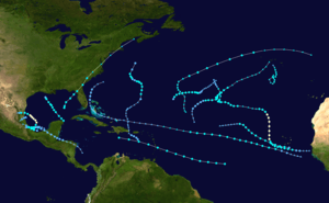 A map of the Atlantic Ocean depicting the track of 15 tropical cyclones.