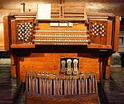 Casavant Frères Organ Console, showing the Stops and the three Manuals.