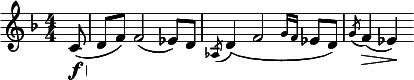  \relative c' { \clef treble \key f \major \numericTimeSignature \time 4/4 \partial 8*1 c8\f(\< | d\! f) f2( ees8) d | \slashedGrace { aes8( } d4)( f2 \grace {g16[ f] } ees8 d) | \slashedGrace { g8( } f4)\>( ees)\! } 