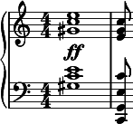  { \new PianoStaff << \new Staff \relative c'' { \clef treble \key c \major \numericTimeSignature \time 4/4 <e c gis>1\ff( | <c g e>8 } \new Staff \relative c' { \clef bass \key c \major \numericTimeSignature \time 4/4 <e c gis>1 | <c e, g, c,>8 } >> } 