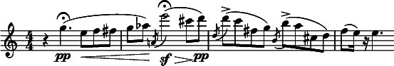  \relative c''' { \clef treble \numericTimeSignature \time 4/4 \key c \major r4 g4.\pp\fermata( e8\< f fis | g aes\!) \slashedGrace { a,!( } e''2\sf\fermata\>)( cis8\! d\pp) | \slashedGrace { d,( } d')->( c fis, g) \slashedGrace { b,( } b')->( a cis, d) | f( e16) r e4. } 