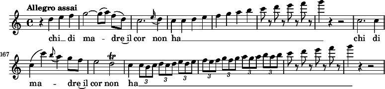 
\relative c'' {
  \tempo "Allegro assai"
  \key c \major
  \time 4/4
  \autoBeamOff
  \set Score.currentBarNumber = #159
 &nbsp;% Permit first bar number to be printed
  r4 d e f | g2~ g8 [(a)] f [(d)] | c2. \grace e16 (d4) | c c d e | f g a b | c8 r d r e r f r | g4 r r2 | c,,2. c4 | c (c') \grace b8 (a4) g8 [f] | e2 d\trill | c4 \times 2/3 {c8 [b c]} \times 2/3 {d [c d]} \times 2/3 {e [d e]} | \times 2/3 {f [e f]} \times 2/3 {g [f g]} \times 2/3 {a [g a]} \times 2/3 {b [a b]} | c8 r d r e r f r | g4 r r2 |
}
  \addlyrics {
  chi __ _ di ma -- dre~il cor non ha __ _ _ _ _ _ _ _ _ _ _ _ _ chi di ma -- _ dre~il cor non ha __  _ _ _ _ _ _ _ _ _ _ _ _
  }
