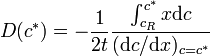 D(c^*) = - \frac{1}{2 t} \frac{\int^{c^*}_{c_R} x \mathrm{d}c}{(\mathrm{d}c/\mathrm{d}x)_{c=c^*}}