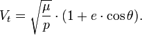  V_t = \sqrt{\frac {\mu}{p}} \cdot (1 + e \cdot \cos \theta).