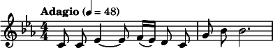  \relative c' { \key c \minor \numericTimeSignature \time 4/4 \tempo "Adagio" 4=48 \clef treble \autoBeamOff c8 c ees4~ ees8 \autoBeamOn f16( ees) \autoBeamOff d8 c | g' bes bes2. } 