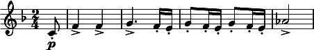  \relative c' { \clef treble \time 2/4 \key f \major \partial 8*1 c8-.\p | f4-> f-> | g4.-> f16-. e-. | g8-. f16-. e-. g8-. f16-. e-. | aes2-> } 