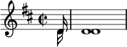 
\relative c' {
  \key d \major
  \time 2/2 <<
  \new Voice = "first"
    { \voiceOne \partial 16 d16 d1}
  \new Voice= "second"
    { \voiceTwo \partial 16 d16 d1}
>>
}
