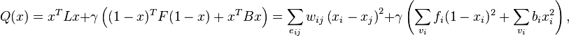 Q(x) = x^T L x  + \gamma \left((1-x)^T F (1-x) + x^T B x\right) = \sum_{e_{ij}} w_{ij} \left(x_i - x_j\right)^2 + \gamma \left(\sum_{v_i} f_i (1-x_i)^2 + \sum_{v_i} b_i x_i^2 \right),