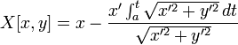 X[x,y]=x-\frac{x'\int_a^t \sqrt { x'^2 + y'^2 }\, dt}{\sqrt { x'^2 + y'^2 }}
