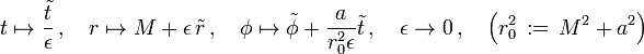 t\mapsto \frac{\tilde{t}}{\epsilon}\,,\quad r\mapsto M+\epsilon\,\tilde{r}\,,\quad \phi\mapsto \tilde{\phi}+\frac{a}{r^2_0\epsilon}\tilde{t}\,,\quad \epsilon\to 0\,,\quad \Big(r^2_0\,:=\,M^2+a^2\Big)