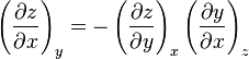 \left(\frac{\partial z}{\partial x}\right)_y = -\left(\frac{\partial z}{\partial y}\right)_x \left(\frac{\partial y}{\partial x}\right)_z