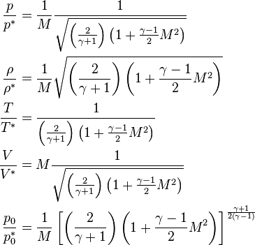 \begin{align}
\frac{p}{p^*} &= \frac{1}{M}\frac{1}{\sqrt{\left(\frac{2}{\gamma + 1}\right)\left(1 + \frac{\gamma - 1}{2}M^2\right)}} \\
\frac{\rho}{\rho^*} &= \frac{1}{M}\sqrt{\left(\frac{2}{\gamma + 1}\right)\left(1 + \frac{\gamma - 1}{2}M^2\right)} \\
\frac{T}{T^*} &= \frac{1}{\left(\frac{2}{\gamma + 1}\right)\left(1 + \frac{\gamma - 1}{2}M^2\right)} \\
\frac{V}{V^*} &= M\frac{1}{\sqrt{\left(\frac{2}{\gamma + 1}\right)\left(1 + \frac{\gamma - 1}{2}M^2\right)}} \\
\frac{p_0}{p_0^*} &= \frac{1}{M}\left[\left(\frac{2}{\gamma + 1}\right)\left(1 + \frac{\gamma - 1}{2}M^2\right)\right]^\frac{\gamma + 1}{2\left(\gamma - 1\right)}
\end{align} 