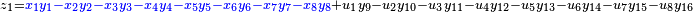 \,^{z_1 = {\color{blue}{x_1 y_1 - x_2 y_2 - x_3 y_3 - x_4 y_4 - x_5 y_5 - x_6 y_6 - x_7 y_7 - x_8 y_8}} + u_1 y_9 - u_2 y_{10} - u_3 y_{11} - u_4 y_{12} - u_5 y_{13} - u_6 y_{14} - u_7 y_{15} - u_8 y_{16}}