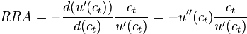 RRA=-\frac{d(u'(c_t))}{d(c_t)}\frac{c_t}{u'(c_t)}=-u''(c_t)\frac{c_t}{u'(c_t)}