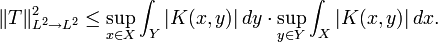 
\Vert T\Vert^2_{L^2\to L^2}\le
\sup_{x\in X}\int_Y|K(x,y)| \, dy
\cdot
\sup_{y\in Y}\int_X|K(x,y)| \, dx.
