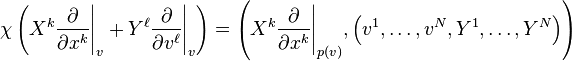  \chi\left(X^k\frac{\partial}{\partial x^k}\Bigg|_v + Y^\ell\frac{\partial}{\partial v^\ell}\Bigg|_v\right ) = \left (X^k\frac{\partial}{\partial x^k}\Bigg|_{p(v)}, \left (v^1,\ldots,v^N,Y^1,\ldots,Y^N \right) \right )