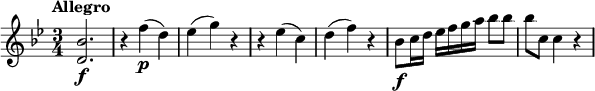 
\relative c' {
  \tempo "Allegro"
  \key bes \major
  \time 3/4
  <d bes'>2.\f |
  r4 f'(\p d) |
  es4( g) r |
  r4 es( c) |
  d4( f) r |
  bes,8\f c16 d es f g a bes8 bes |
  bes8 c, c4 r |
}
