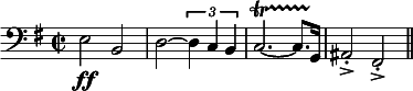 
  \relative c{
    \set Staff.midiInstrument = #"tuba"
    \set Score.tempoHideNote = ##t
    \tempo 4 = 130
    \clef bass
    \key g \major
    \time 2/2 
      e2 \ff b d~ \times 2/3 { d4 c b } c2.~\startTrillSpan c8. g16\stopTrillSpan ais2\accent\staccato fis\accent\staccato \bar "||"
  }
