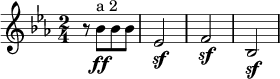 \relative c'' {
\key c \minor
\time 2/4
r8 bes[\ff^"a 2" bes bes] | es,2\sf | f\sf | bes,\sf |
}