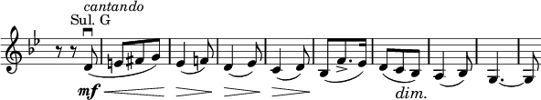 
\relative c' \new Staff \with { \remove "Time_signature_engraver" } {
 \key g \minor \time 3/8
  r8 r^\markup { Sul. G } d\downbow \mf \< ^\markup \italic cantando ( e fis g) es4\>( f!8) d4\>( es8) c4\>( d8\!)
  bes( f'8.-> es16) d8( c\dim bes\!) a4( bes8) g4.~ g8 
}
