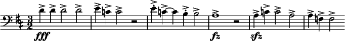  \relative c' { \clef bass \time 3/2 \key d \major d->\fff d-> d2-> d-> | e4-> c-> c2-> r | e4->-. c->~ c b->-. b2-> | a1->\fz r2 | a4->\sfz c-> c2-> a-> | a4-> f-> f2-> } 