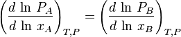  \left ( \frac{d\,\ln\,P_A}{d\,\ln\,x_A} \right )_{T,P} = \left ( \frac{d\,\ln\,P_B}{d\,\ln\,x_B} \right )_{T,P} 