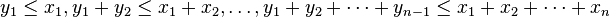 y_1 \le x_1, y_1 + y_2 \le x_1 + x_2 , \ldots, y_1 + y_2 + \cdots + y_{n-1} \le x_1 + x_2 + \cdots + x_n