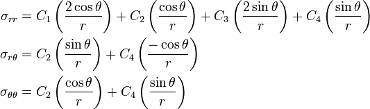 \begin{align}
\sigma_{rr} & = C_1\left(\frac{2\cos\theta}{r}\right) + 
C_2\left(\frac{\cos\theta}{r}\right) + 
C_3\left(\frac{2\sin\theta}{r}\right) + 
C_4\left(\frac{\sin\theta}{r}\right) \\
\sigma_{r\theta} & = C_2\left(\frac{\sin\theta}{r}\right) + 
C_4\left(\frac{-\cos\theta}{r}\right) \\
\sigma_{\theta\theta} & = C_2\left(\frac{\cos\theta}{r}\right) + 
C_4\left(\frac{\sin\theta}{r}\right) 
\end{align}