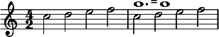 
{
\time 4/2
c''2 d'' e'' f'' |
c''^\markup {
  \note #"1." #1
  =
  \note #"1" #1
} d'' e'' f''
}
