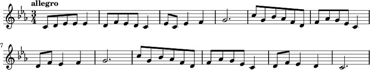 
{
% 0
 \tempo "allegro"
\numericTimeSignature \time 3/4 \key c \minor
 c'8 d'8 ees'8 ees'8 ees'4 d'8 f'8 ees'8 d'8 c'4 ees'8 c'8 ees'4 f'4 g'2.

% 2

c''8 g'8 bes'8 aes'8 f'8 d'8 f'8 aes'8 g'8 ees'8 c'4 d'8 f'8 ees'4 f'4 g'2. c''8 g'8 bes'8 aes'8 f'8 d'8 f'8 aes'8 g'8 ees'8 c'4 d'8 f'8 ees'4 d'4 c'2.
\bar "|"
}
