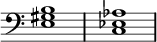 { \override Score.TimeSignature #'stencil = ##f \time 4/4 \clef bass <e gis b>1 <c ees aes> }