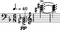  \relative c { \clef bass \key d \minor \time 6/8 \tempo 4. = 40 <des bes ges>2.->\pp | \clef treble <gis''' e cis>->~ | <gis e cis>4. } 