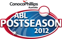 A blue oval with a white and red double border. The text "ABL POSTSEASON 2012" in white, a baseball above and a seven-pointed star superimposed on the oval.