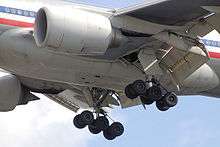 Aircraft belly section. Close view of engines, extended landing gear and angled control flaps.