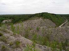 A colour photograph of the un-rehabilitated Aidu open-pit mine. The lower two-thirds of the photo shows hilly land that is mostly brownish-grey. Some small, green trees are growing within this section.