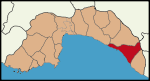 Map of Antalya Province showing several municipalities with Alanya on the right and in red