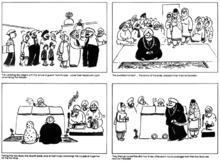 Four rectangular frames depict the events of a Sikh wedding; everyone sits cross-legged on the floor as the groom awaits his bride.  When she arrives, they take their vows before the holy man.